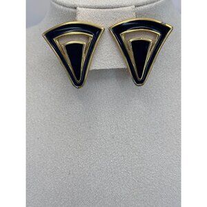 Monet Vintage Navy Enamel Gold Tone Art Deco Clip On Triangular Earrings
